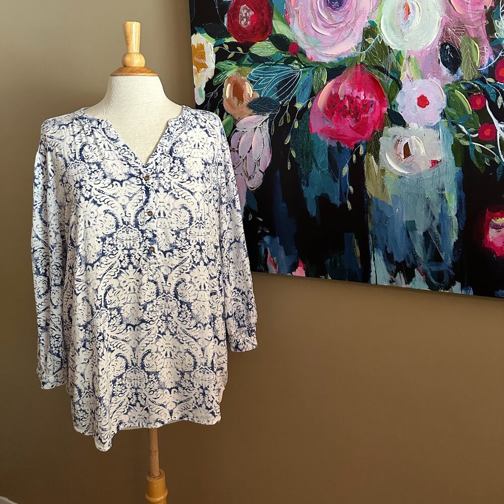 Grand and Greene Blouse Navy & White Boho Chic Style Women's Size XL